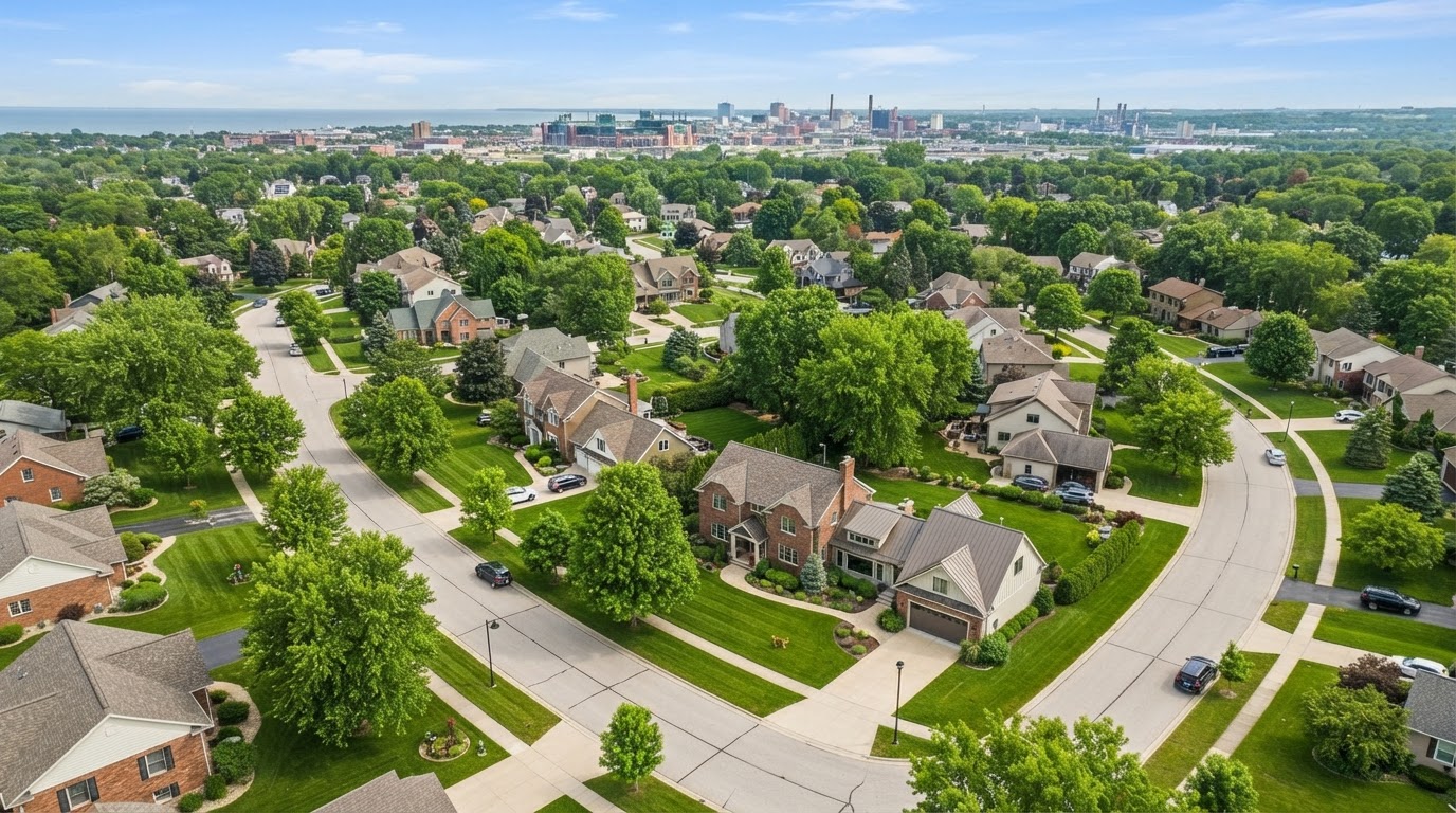 Aerial view of a well-maintained Green Bay Wisconsin neighborhood with neatly mowed lawns