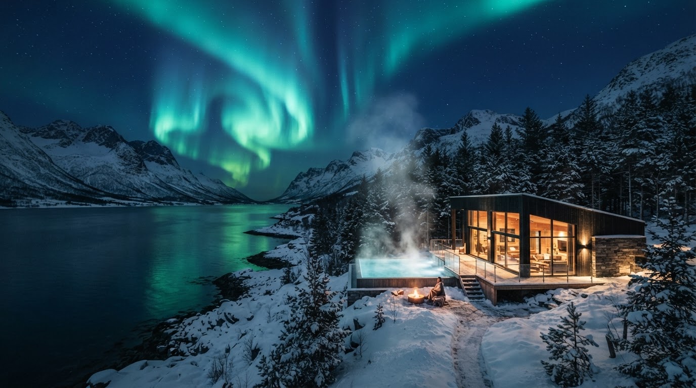 Aurora borealis over a Nordic fjord with an eco-retreat