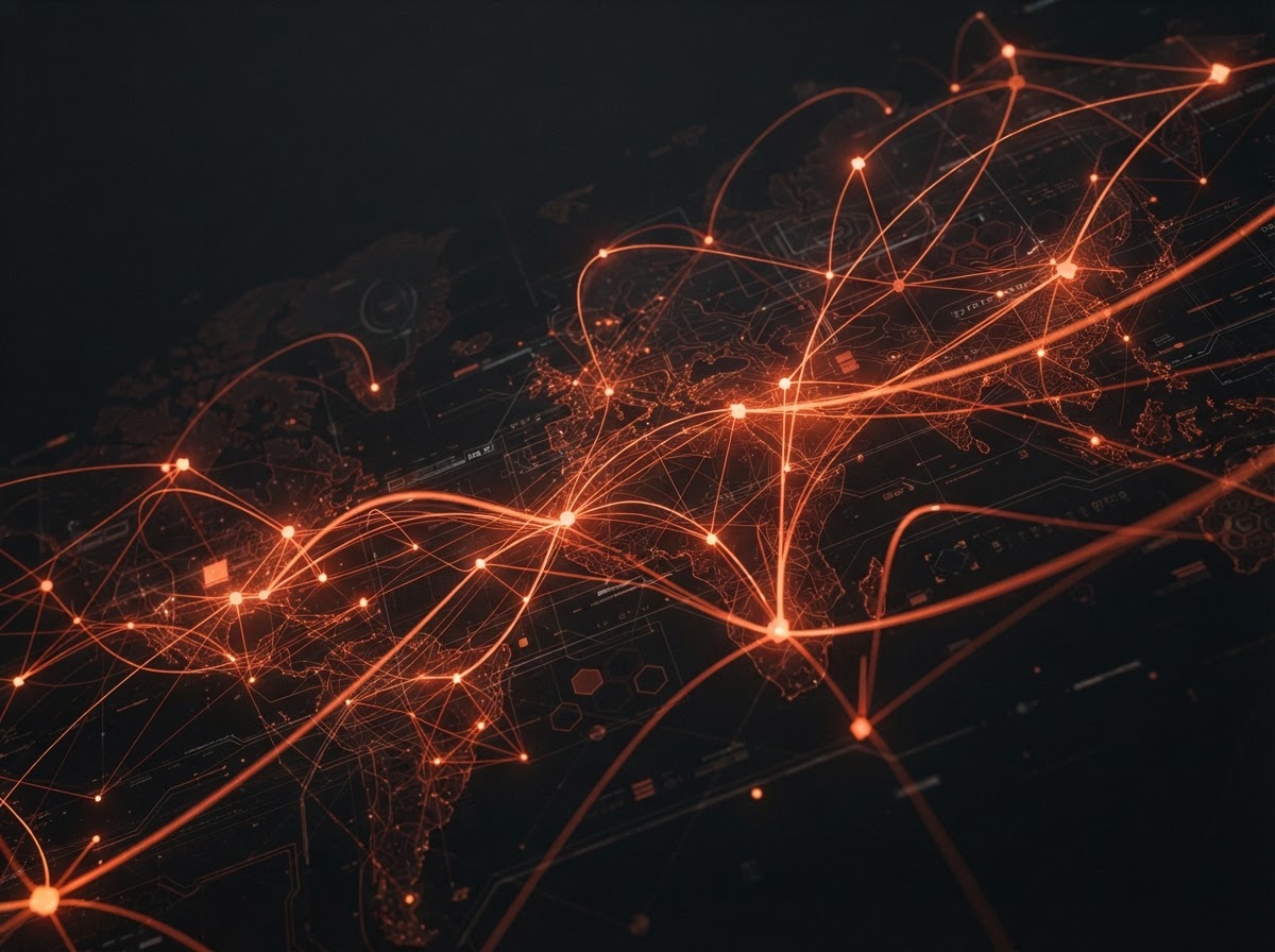 Abstract network of glowing ember-orange nodes representing Northwind Logistics cloud architecture