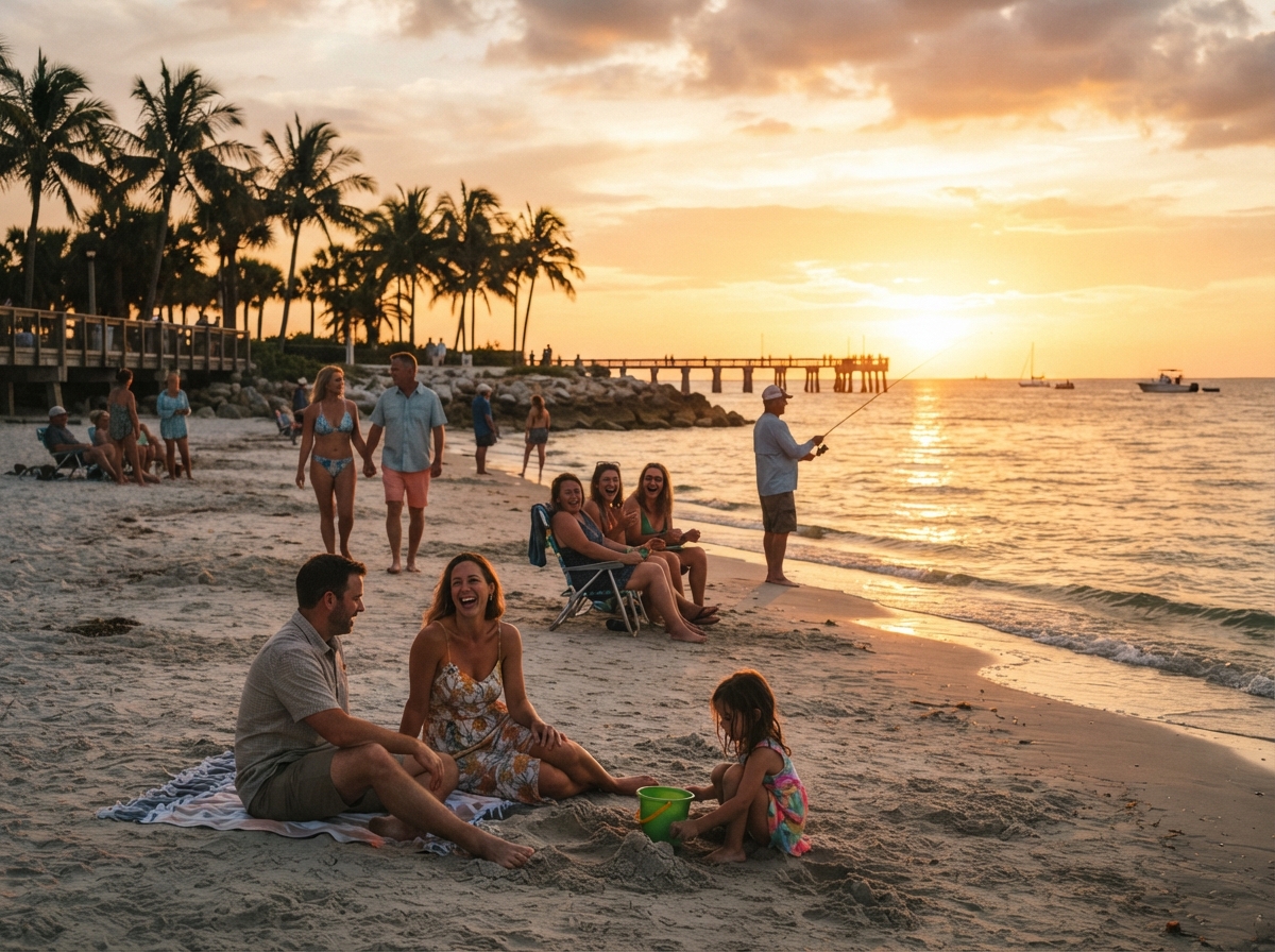 Scenic coastal sunset with locals enjoying the Southwest Florida waterfront