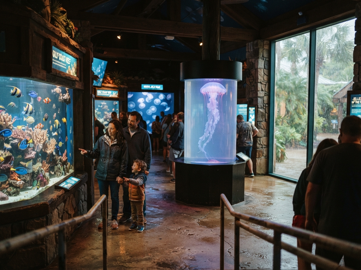 Cozy indoor aquarium with softly lit fish tanks on a rainy day