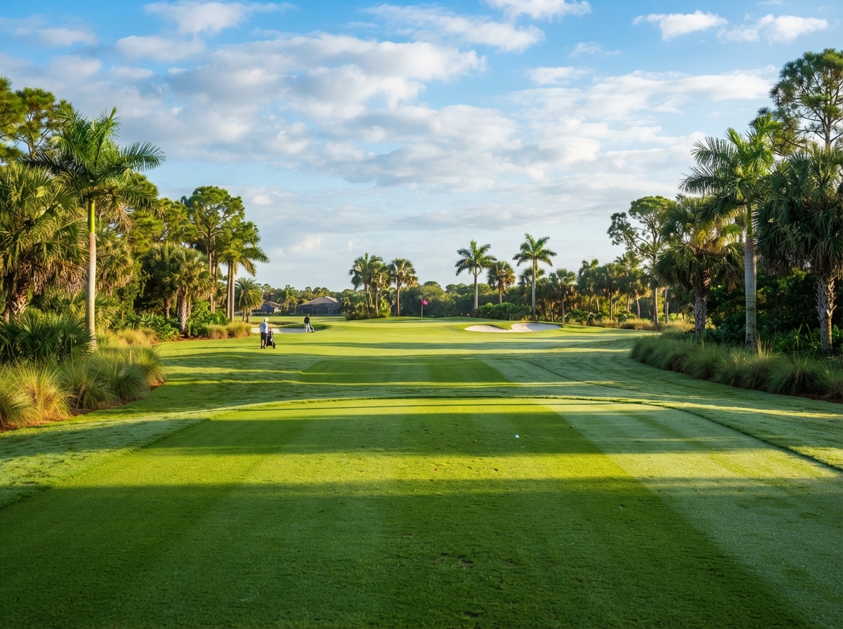 Lush public Southwest Florida golf course fairway with palm trees