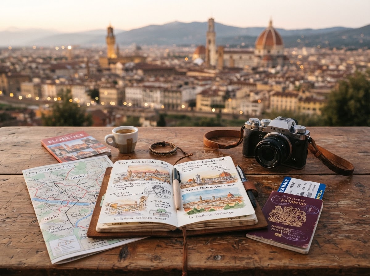 Open notebook with map, camera and passport on a wooden travel desk
