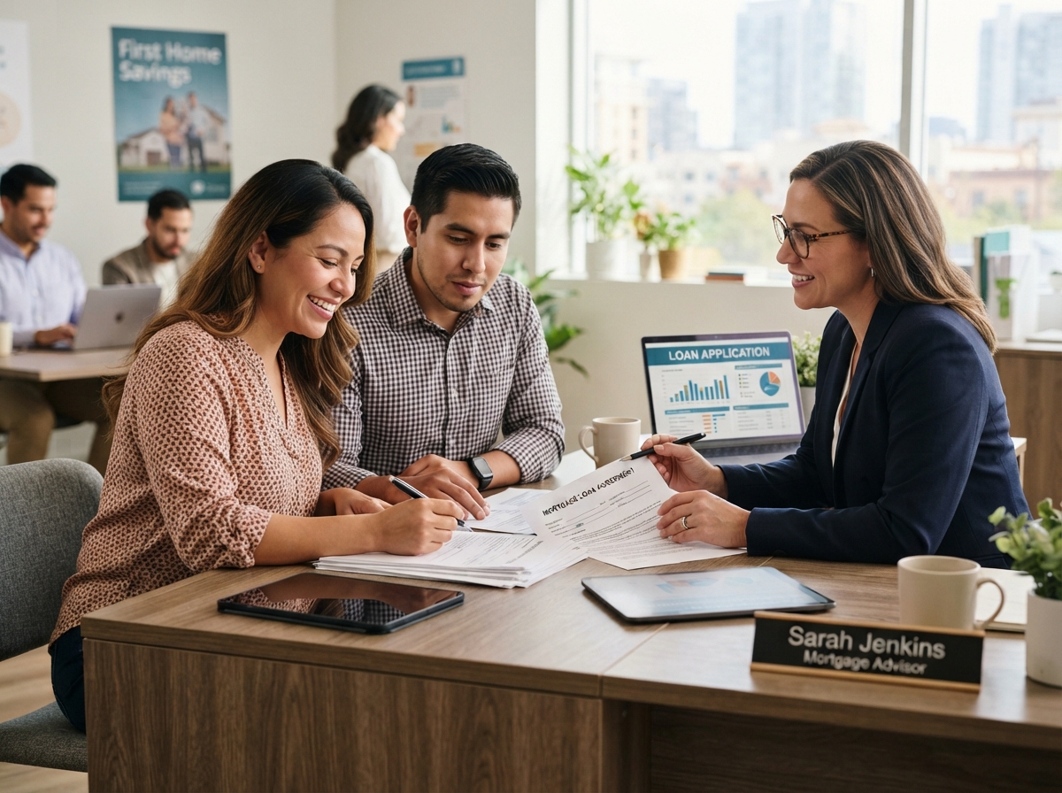 A Hispanic Latino couple sitting with a mortgage lender reviewing loan documents at a desk in a bright office