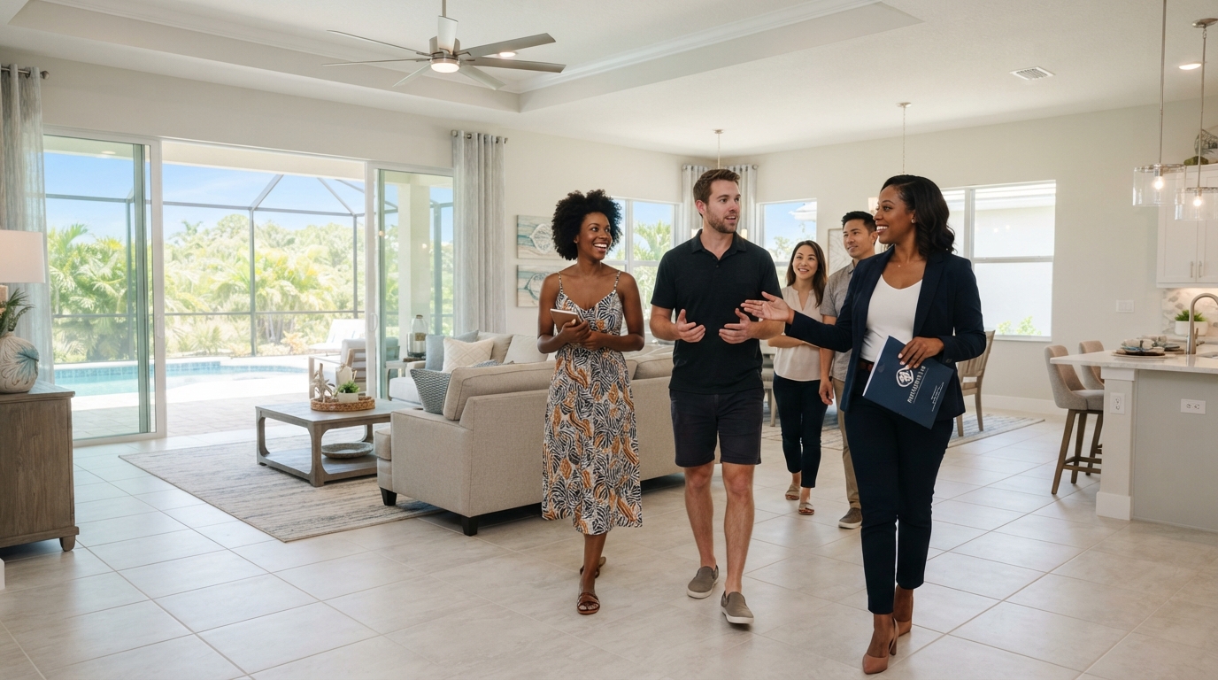 Diverse group of home buyers walking with a realtor through a bright open house living room in Southwest Florida