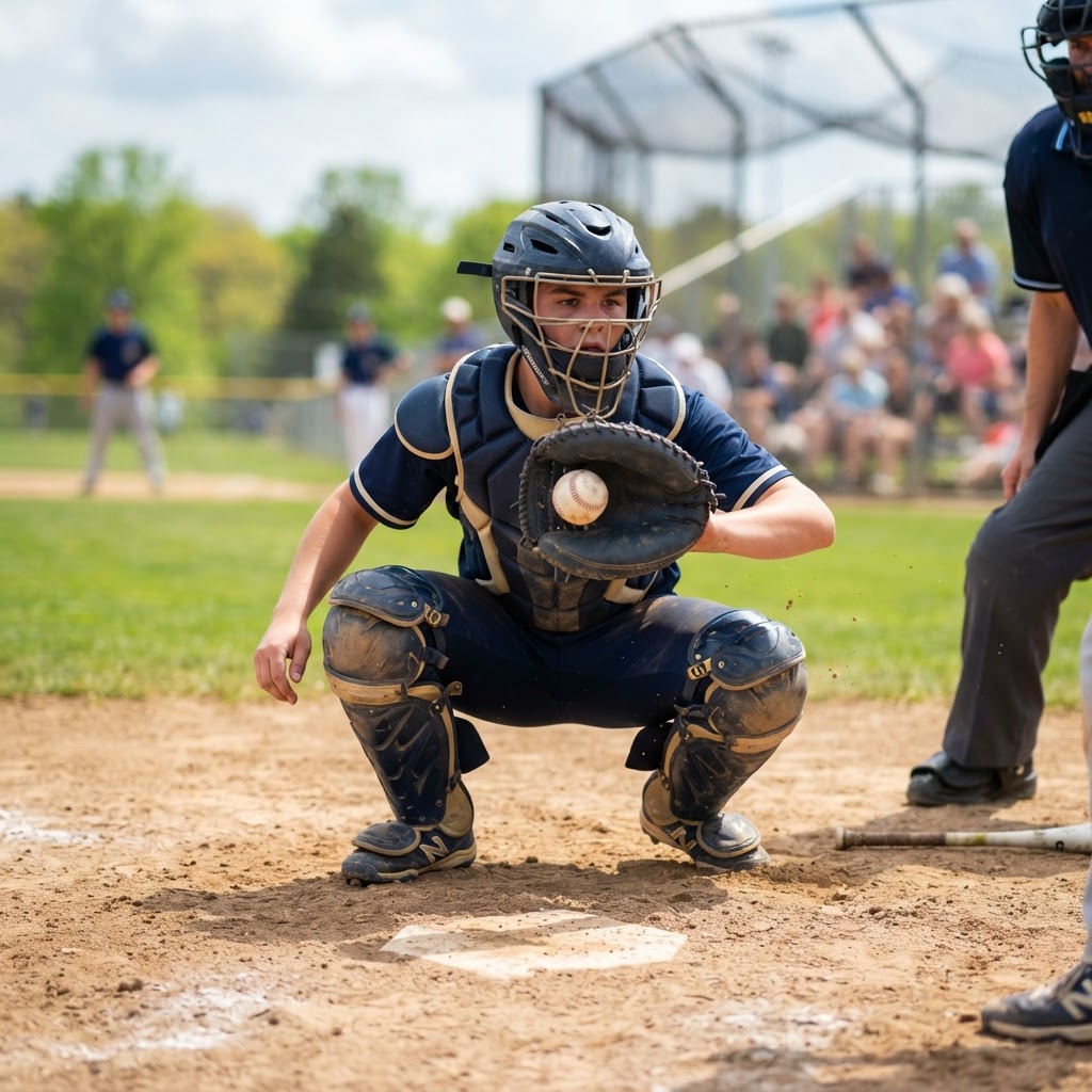 Fictional demo catcher Jordan M. framing a pitch behind the plate at a spring tournament (sample photo)
