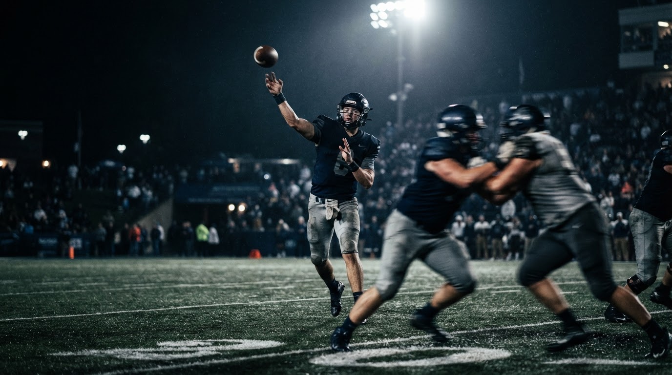 College football game action under stadium lights at night