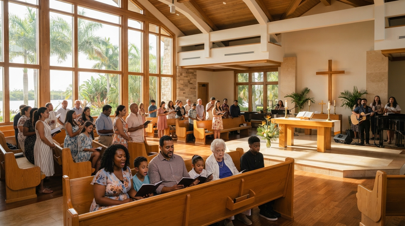 Bright modern Southwest Florida sanctuary interior with diverse congregation in peaceful worship