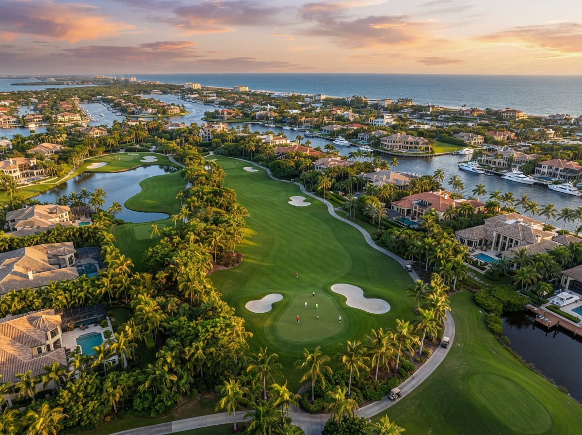 Aerial view of Naples Florida with an upscale golf course