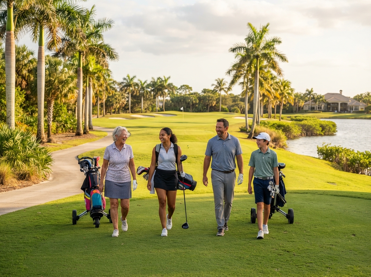 Mixed group of golfers of different ages enjoying a round in Southwest Florida