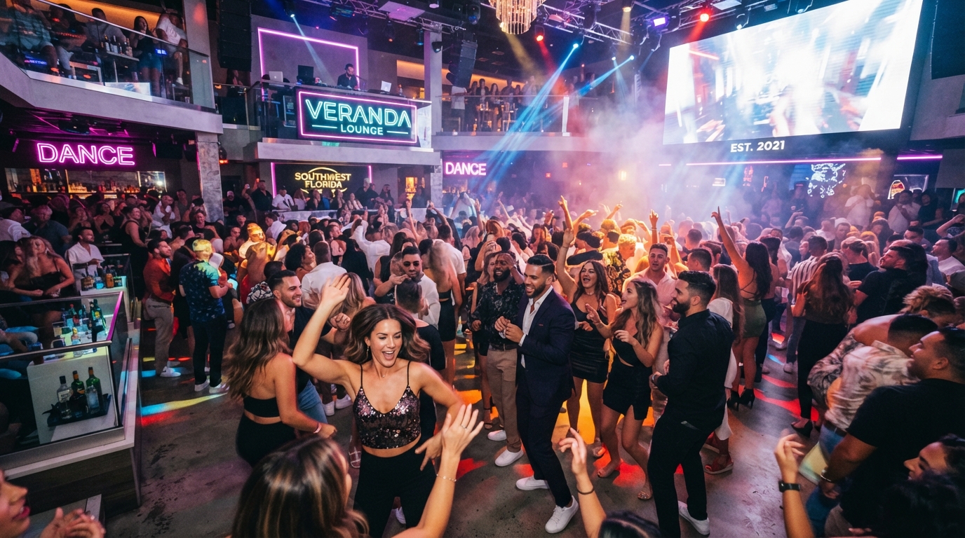 Lively modern nightclub dance floor with colorful lighting and an energetic crowd enjoying a vibrant Southwest Florida nightlife party