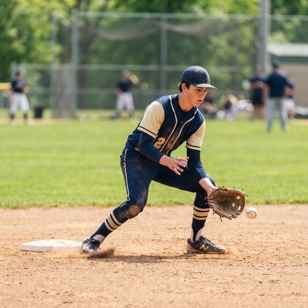 Fictional demo player Jordan M. fielding ground balls at third base during corner infield training (sample photo)