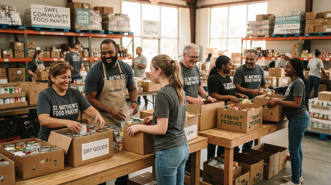 Diverse volunteers sorting food at a Southwest Florida community food pantry and outreach center