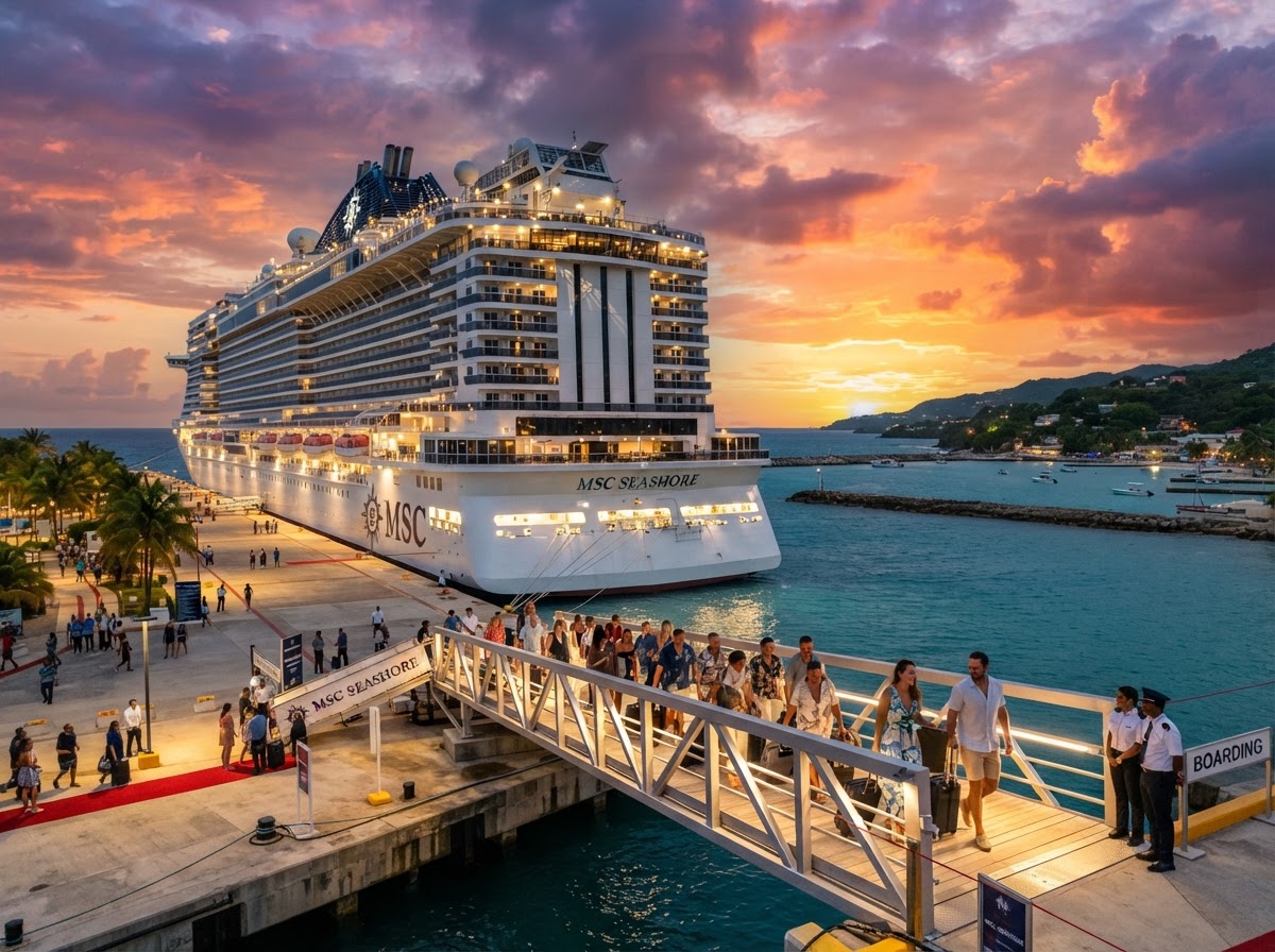 Modern luxury cruise ship docked at a tropical port at sunset