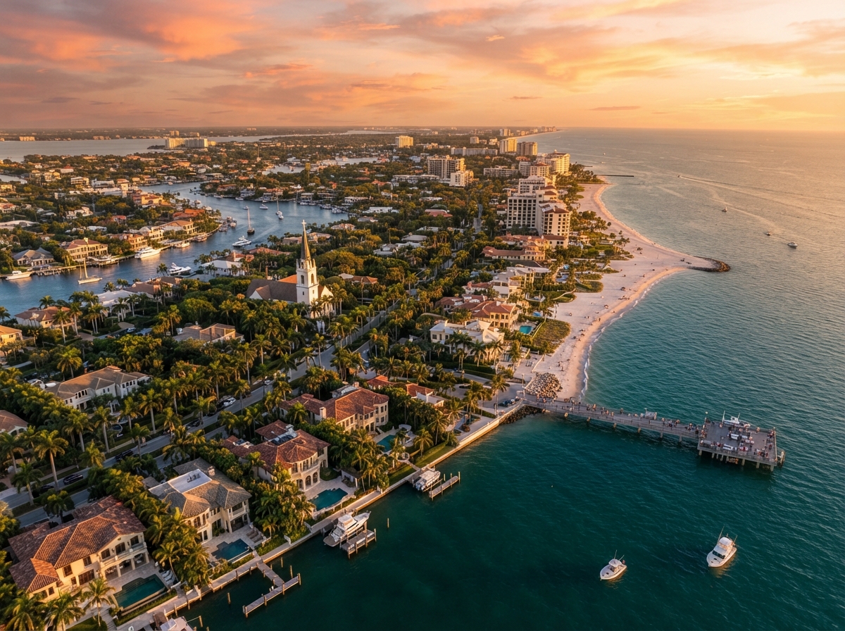 Aerial view of Naples Florida with elegant buildings and a church steeple