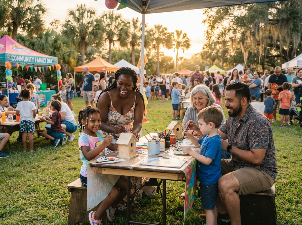 Diverse family enjoying a community family activity day in Southwest Florida