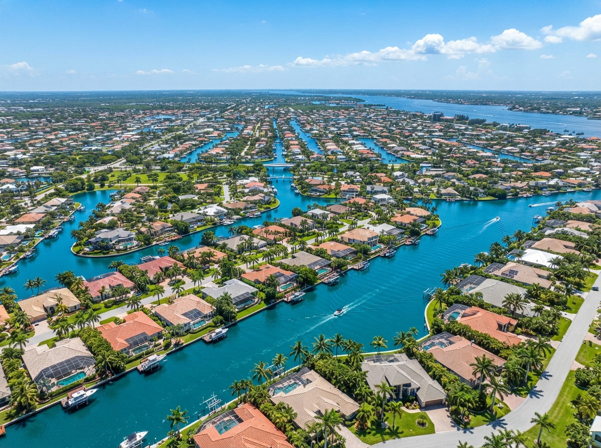 Aerial view of Cape Coral Florida canals and waterways