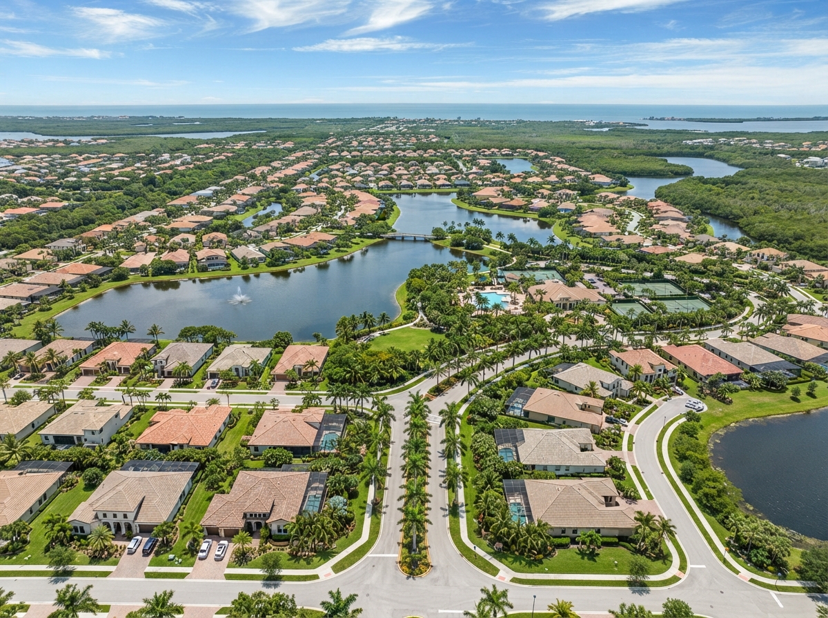 Aerial view of a master-planned Southwest Florida residential community with lakes, palm trees, and homes