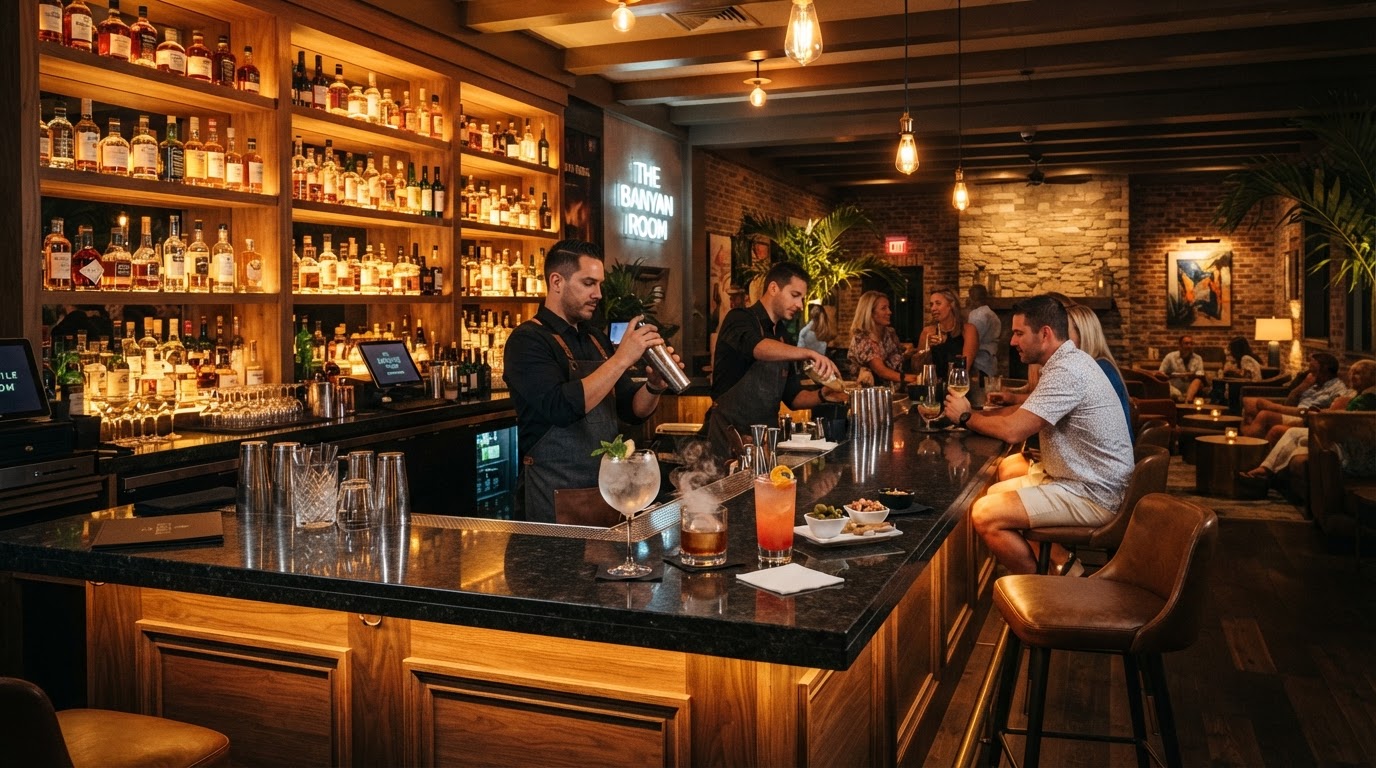 Stylish Southwest Florida bar with craft cocktails at night