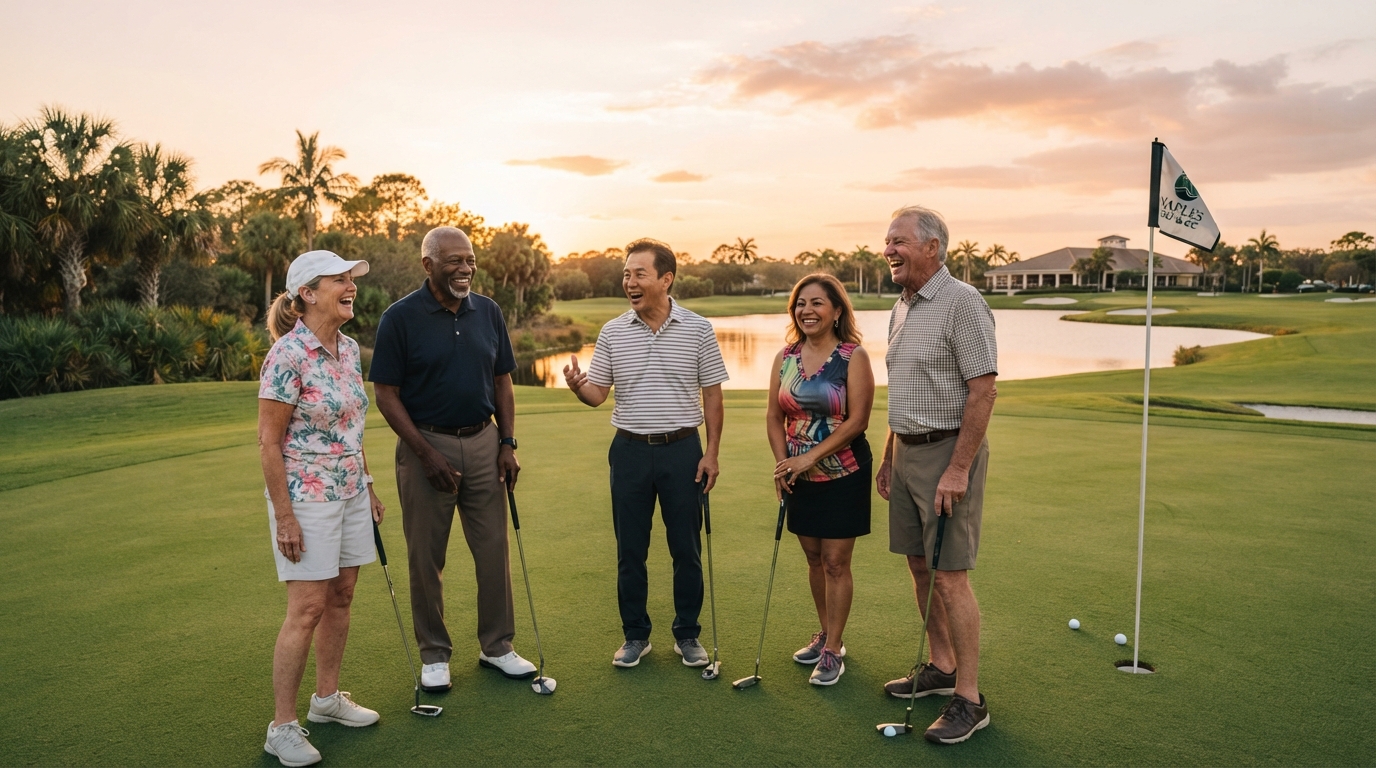 Mixed group of senior and middle-aged golfers of different ethnicities chatting on a Southwest Florida putting green