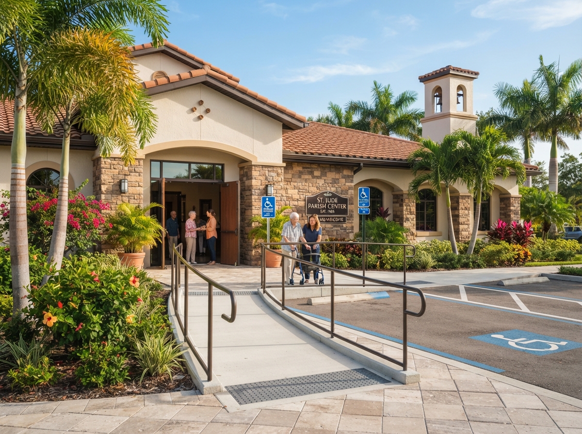 Accessible entrance with a ramp at a welcoming Southwest Florida place of worship