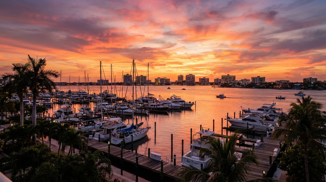 Scenic Southwest Florida coastal sunset with marina and palm trees