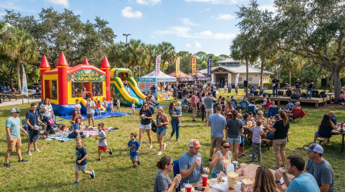 Family festival at a Southwest Florida community park with food vendors and activities