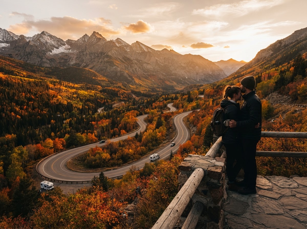 Mountain overlook with winding road through fall foliage at golden hour