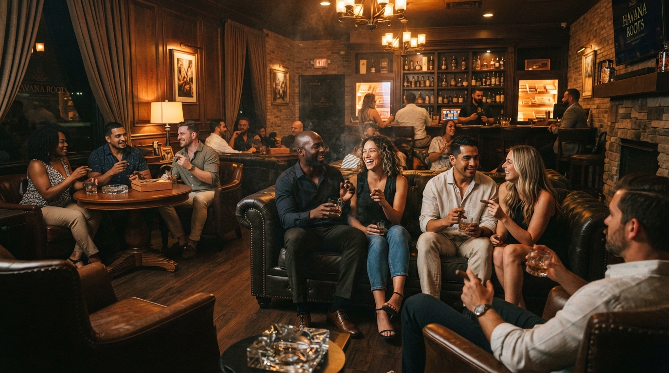 Upscale cigar lounge with warm amber lighting, dark leather lounge seating and moody premium nightlife ambiance in Southwest Florida