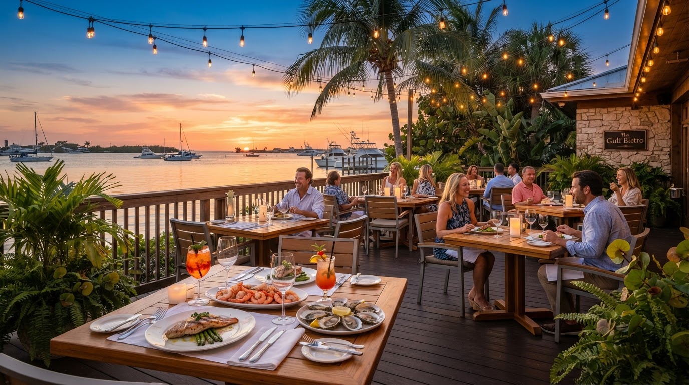 Waterfront restaurant patio dining in Southwest Florida at golden hour