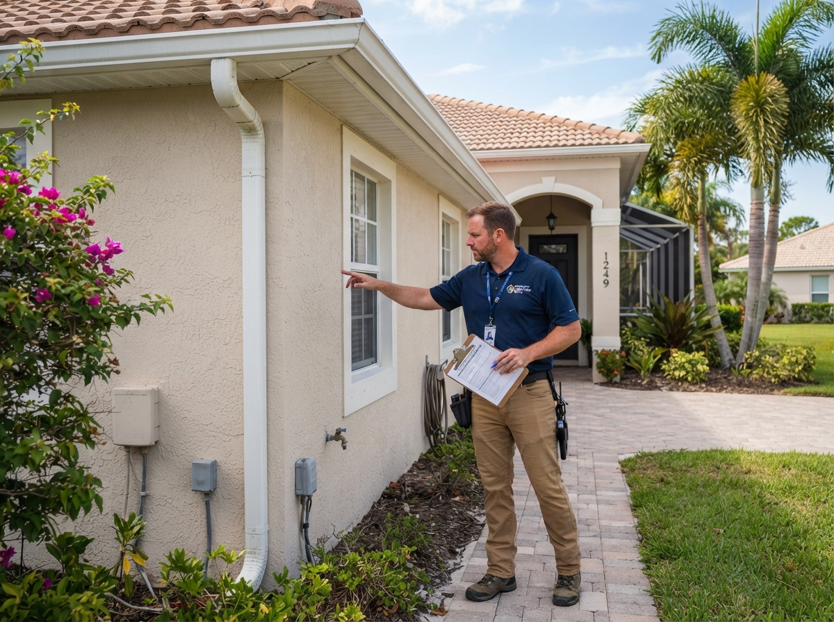 A home inspector examining the exterior of a Southwest Florida home