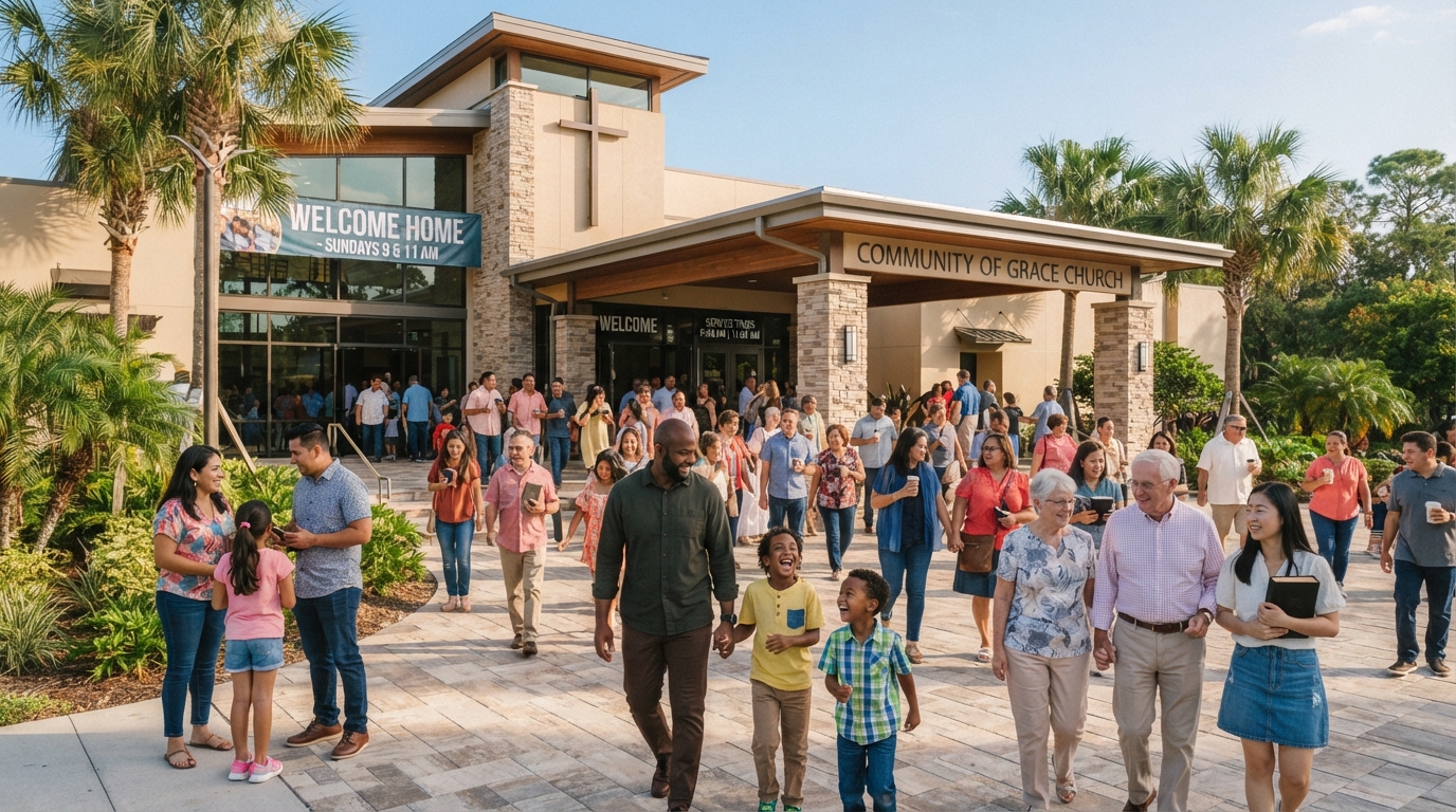 Diverse multi-ethnic congregation of families walking into a bright Southwest Florida church on a sunny morning
