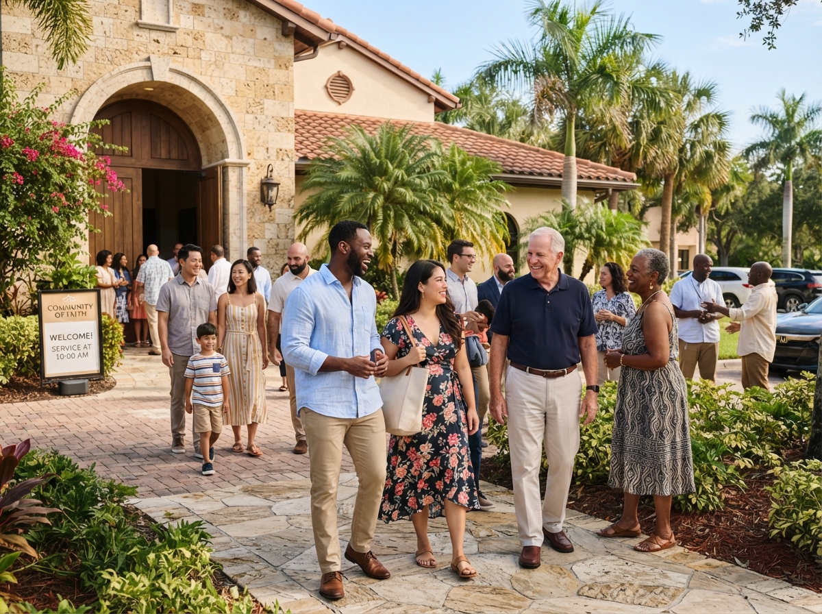 Diverse group of visitors arriving at a Southwest Florida place of worship