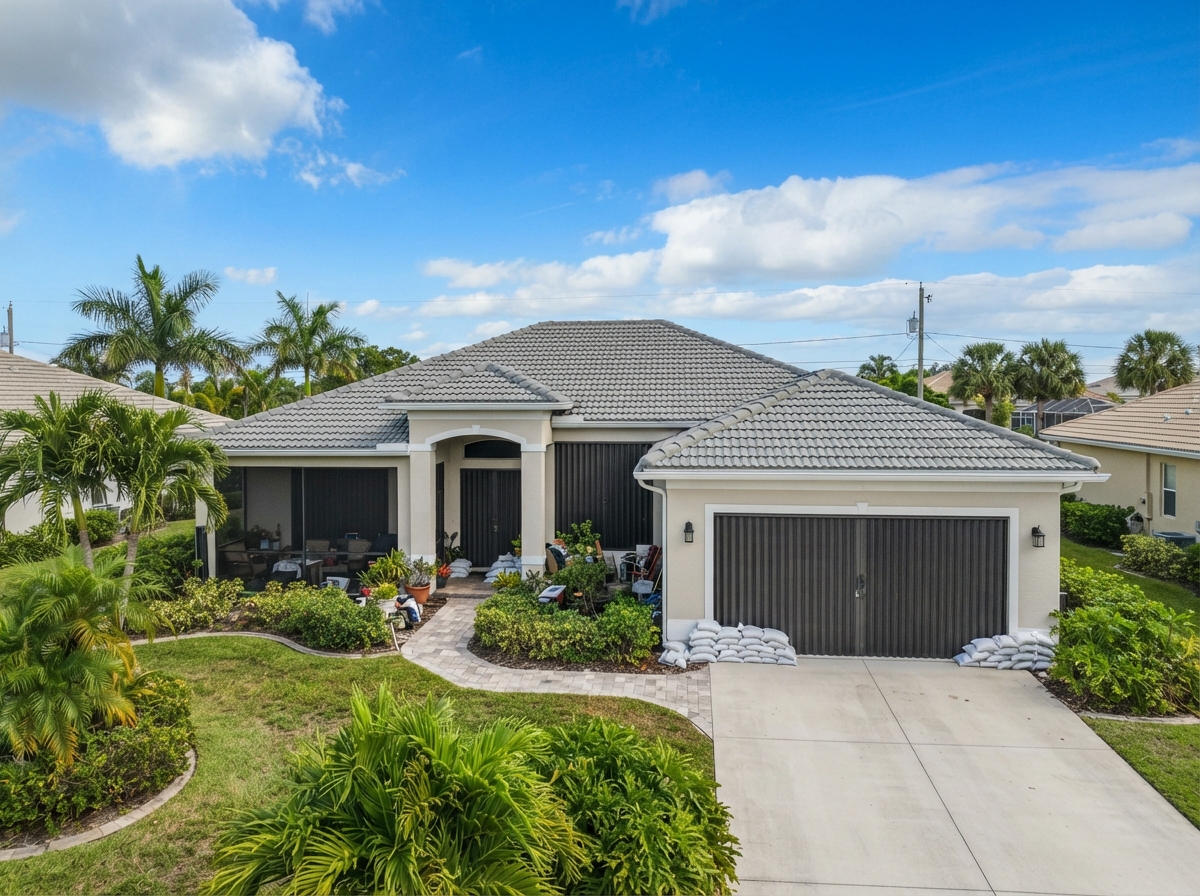 A Southwest Florida home with hurricane shutters and a sturdy roof under blue sky