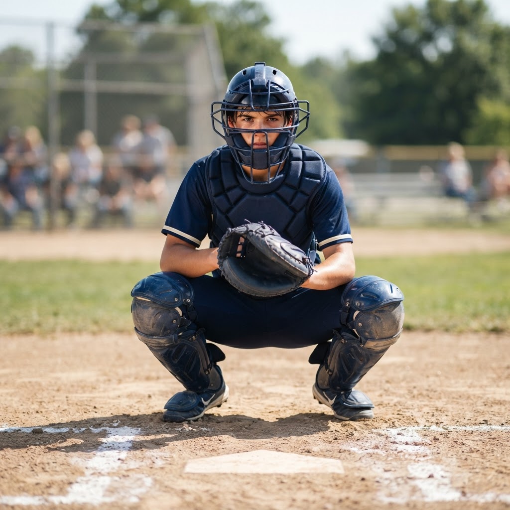 Fictional demo player Jordan M., a 14U catcher, crouched behind home plate in a navy and gold uniform (sample photo)