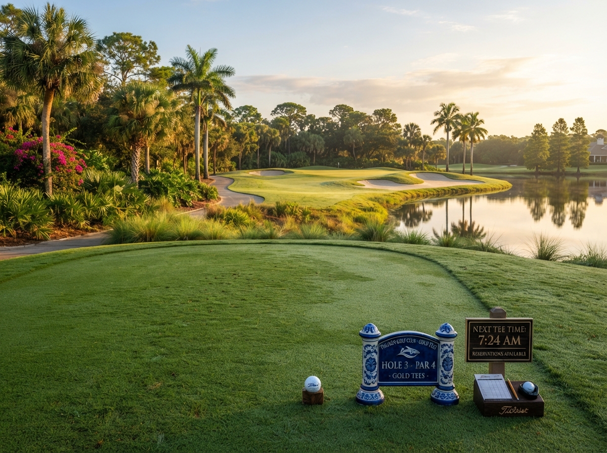 Empty tee box with tee markers on a lush Southwest Florida golf course