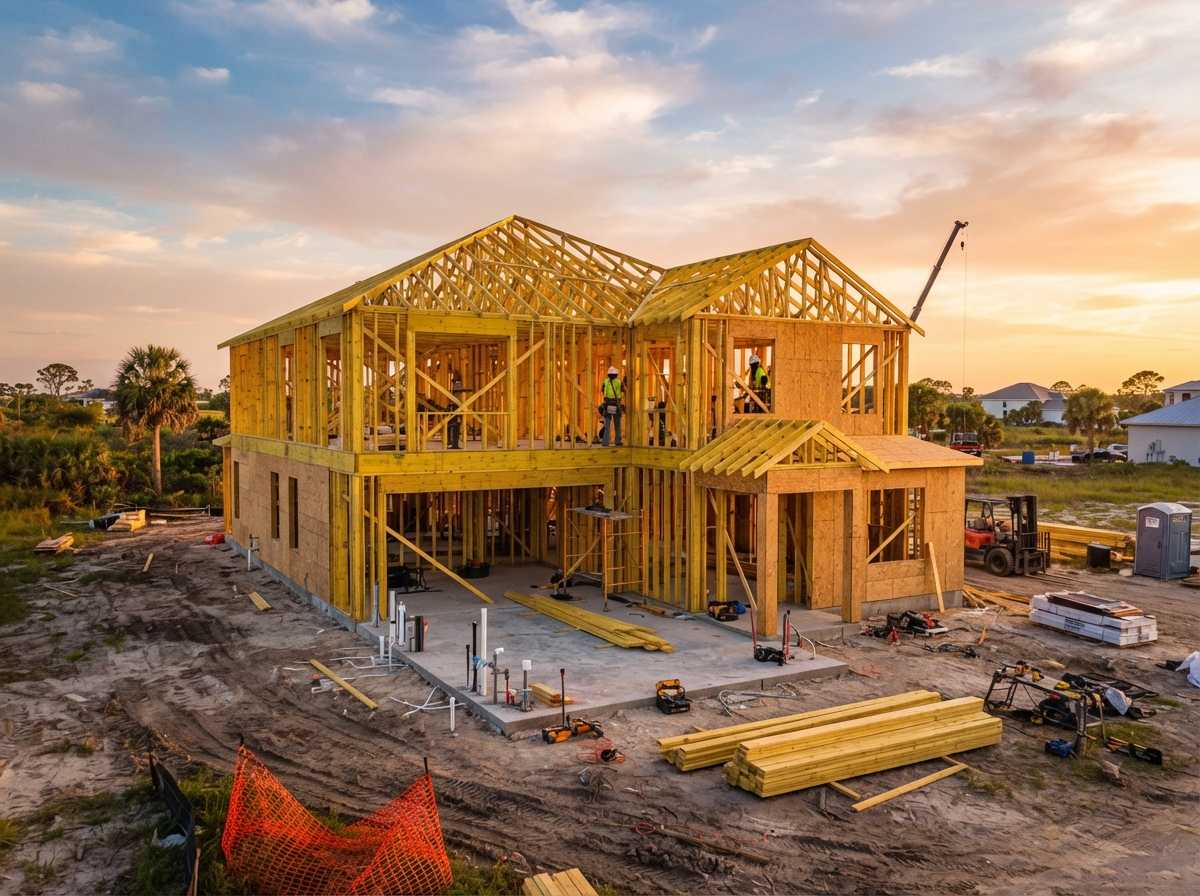 New construction Southwest Florida home being built with framing at golden hour