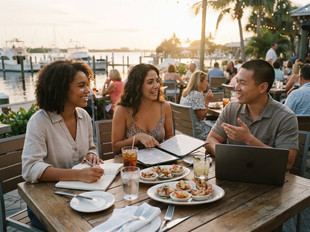 Three diverse young adult dining contributors collaborating at a Southwest Florida waterfront restaurant table