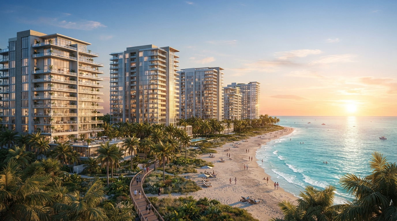 Modern Southwest Florida coastal condo high-rise buildings with balconies overlooking the Gulf at golden hour