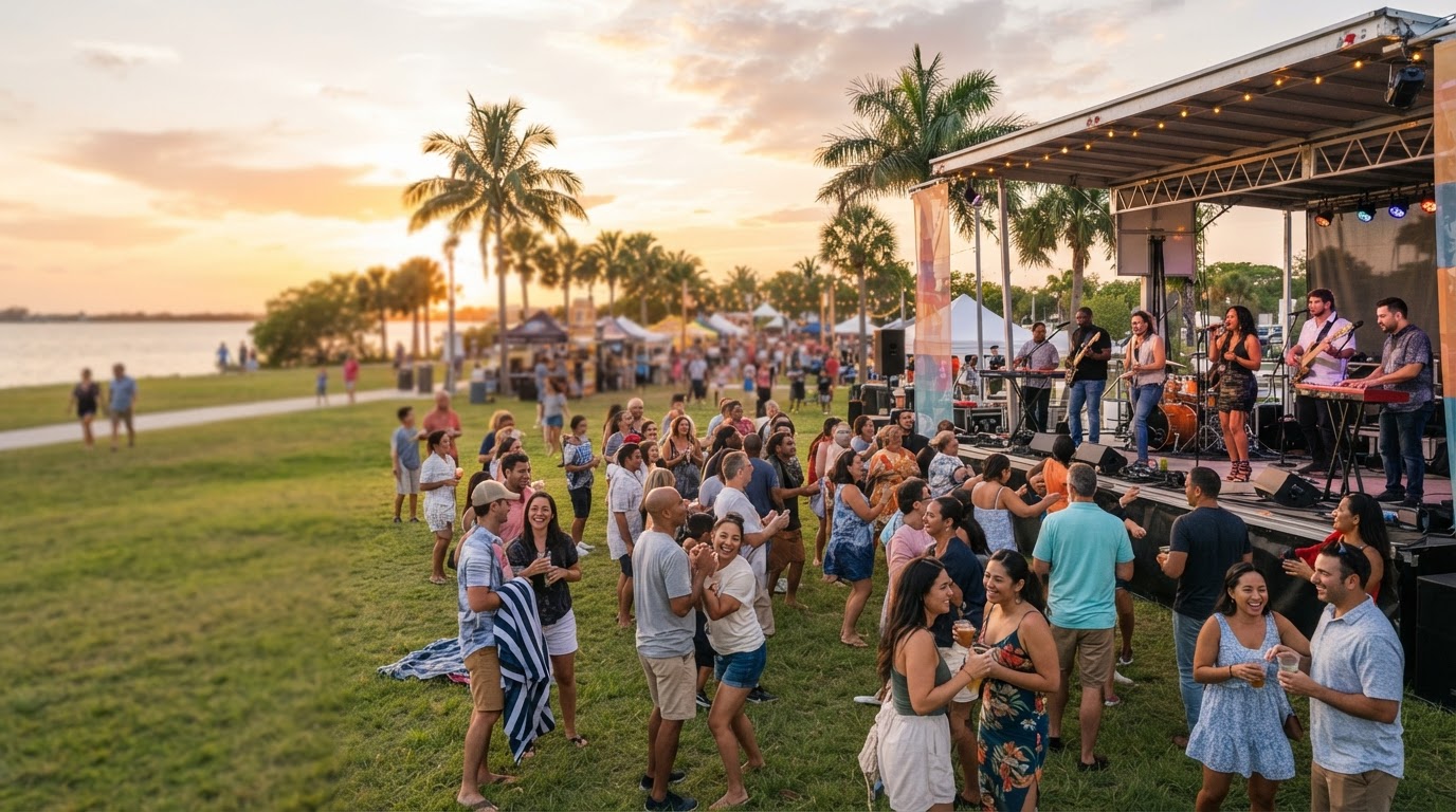 Outdoor Southwest Florida community concert with a full band performing for a diverse crowd at golden hour