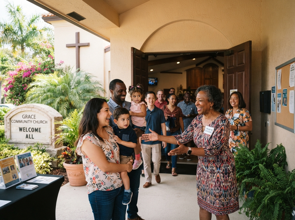 Friendly diverse greeter welcoming visitors at a Southwest Florida place of worship
