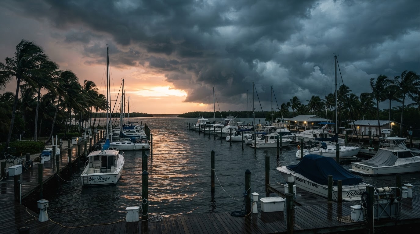 Dramatic Southwest Florida weather scene with approaching storm clouds over a coastal marina