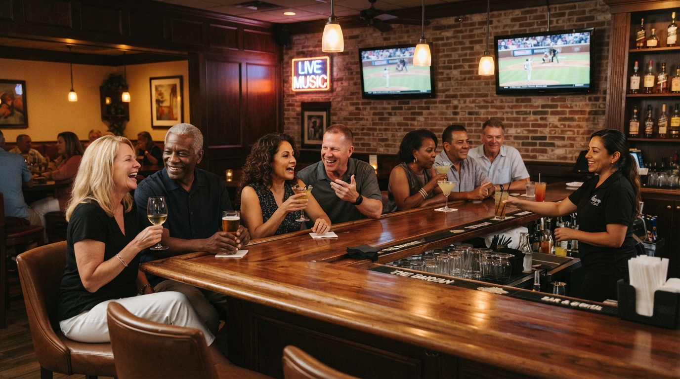 Casual sports bar interior with mature adults sitting at the bar, TVs, social seating and a lively neighborhood atmosphere in Southwest Florida