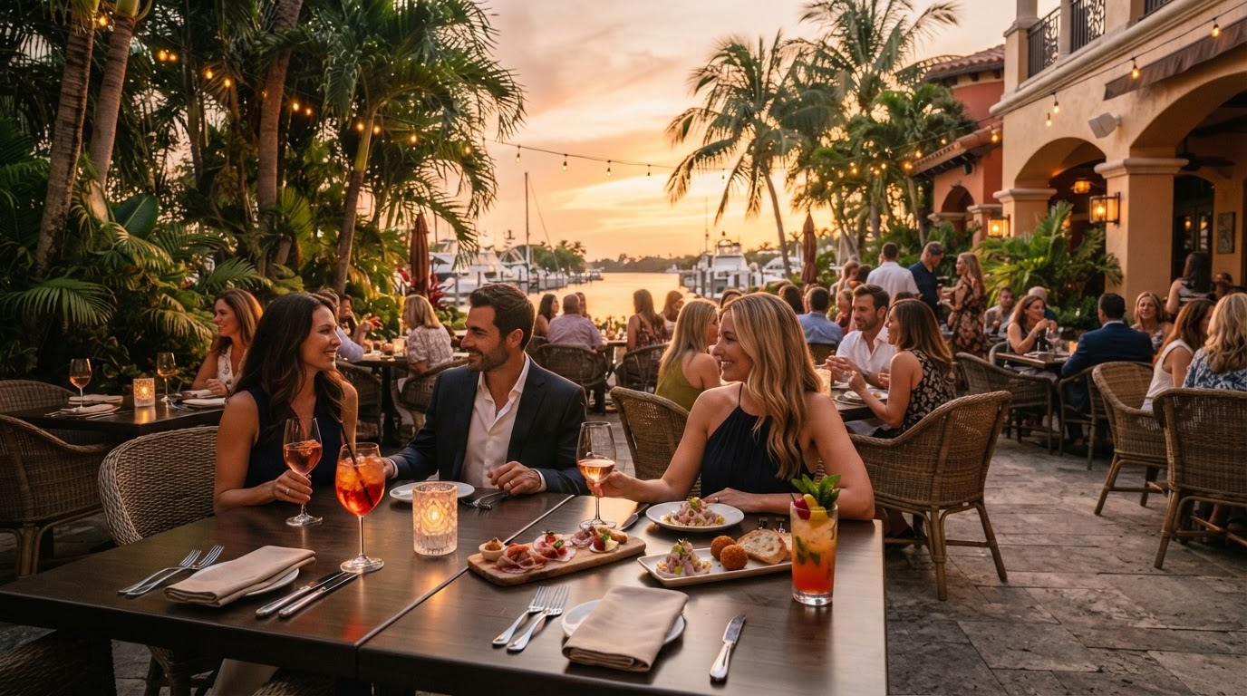 Vibrant Southwest Florida restaurant patio with craft cocktails at golden hour