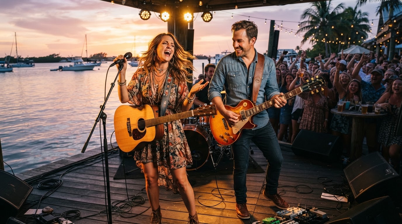 Energetic live music duo performing at a Southwest Florida waterfront venue