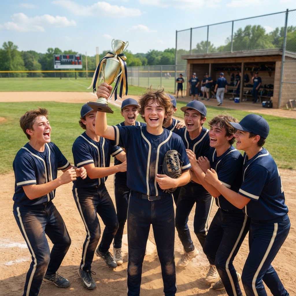 Fictional demo team including Jordan M. celebrating a championship weekend with a trophy (sample photo)