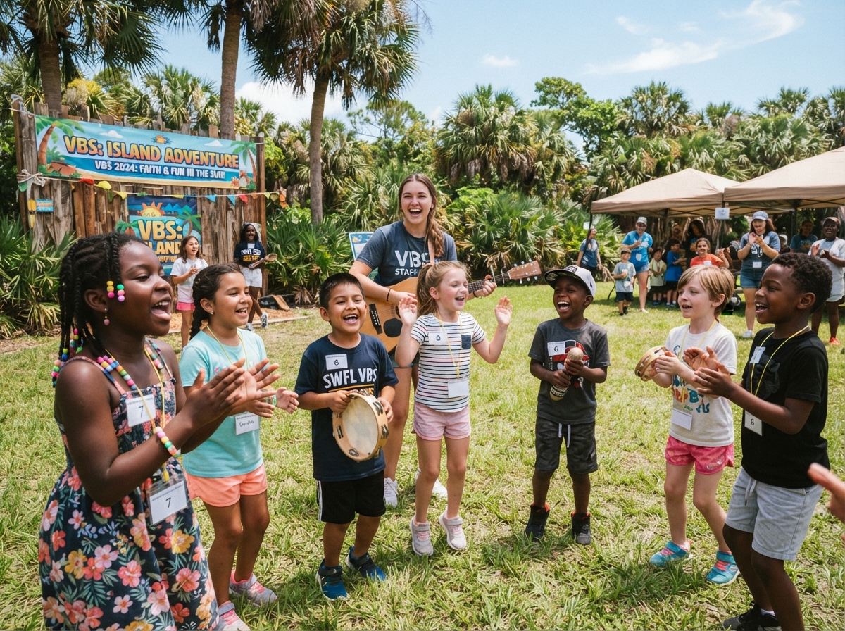 Diverse children singing and playing at a Southwest Florida Vacation Bible School program