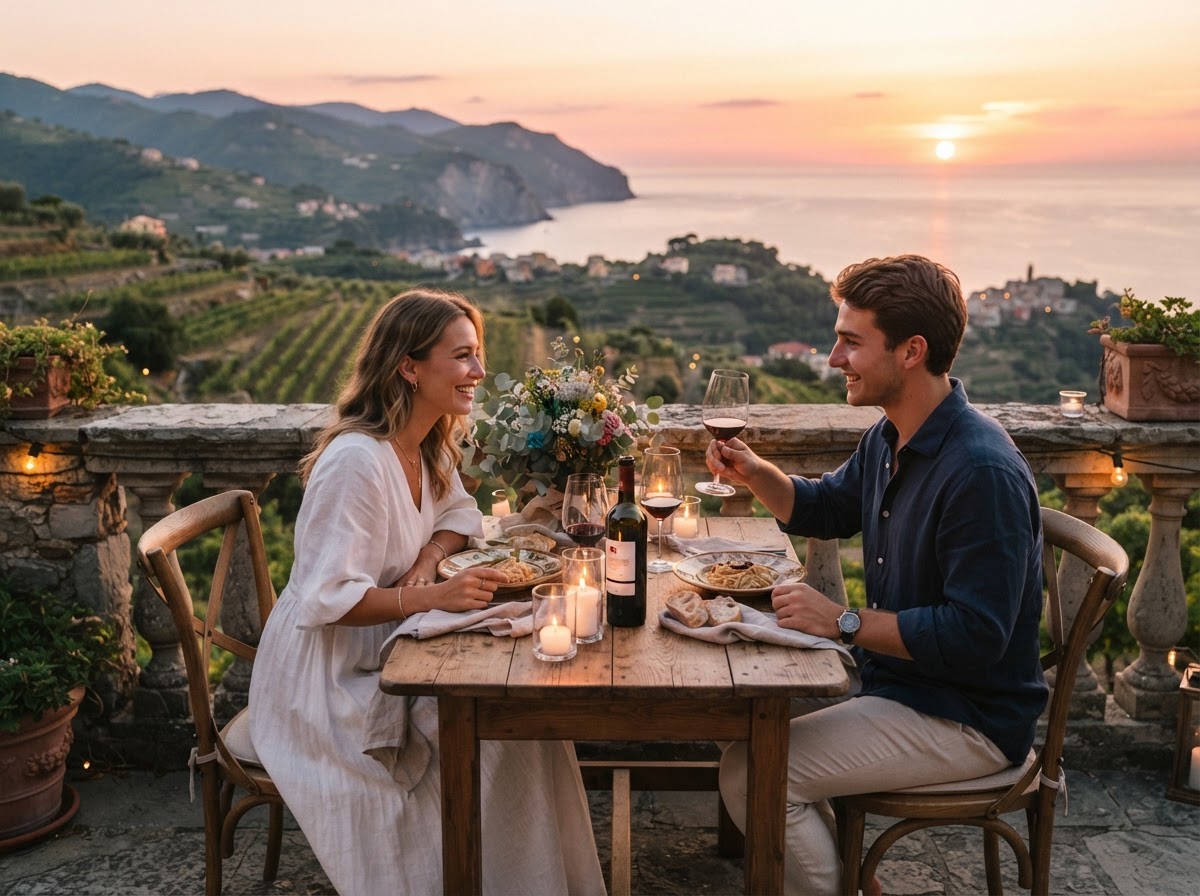 Romantic candlelit outdoor dinner for two at sunset overlooking the coast