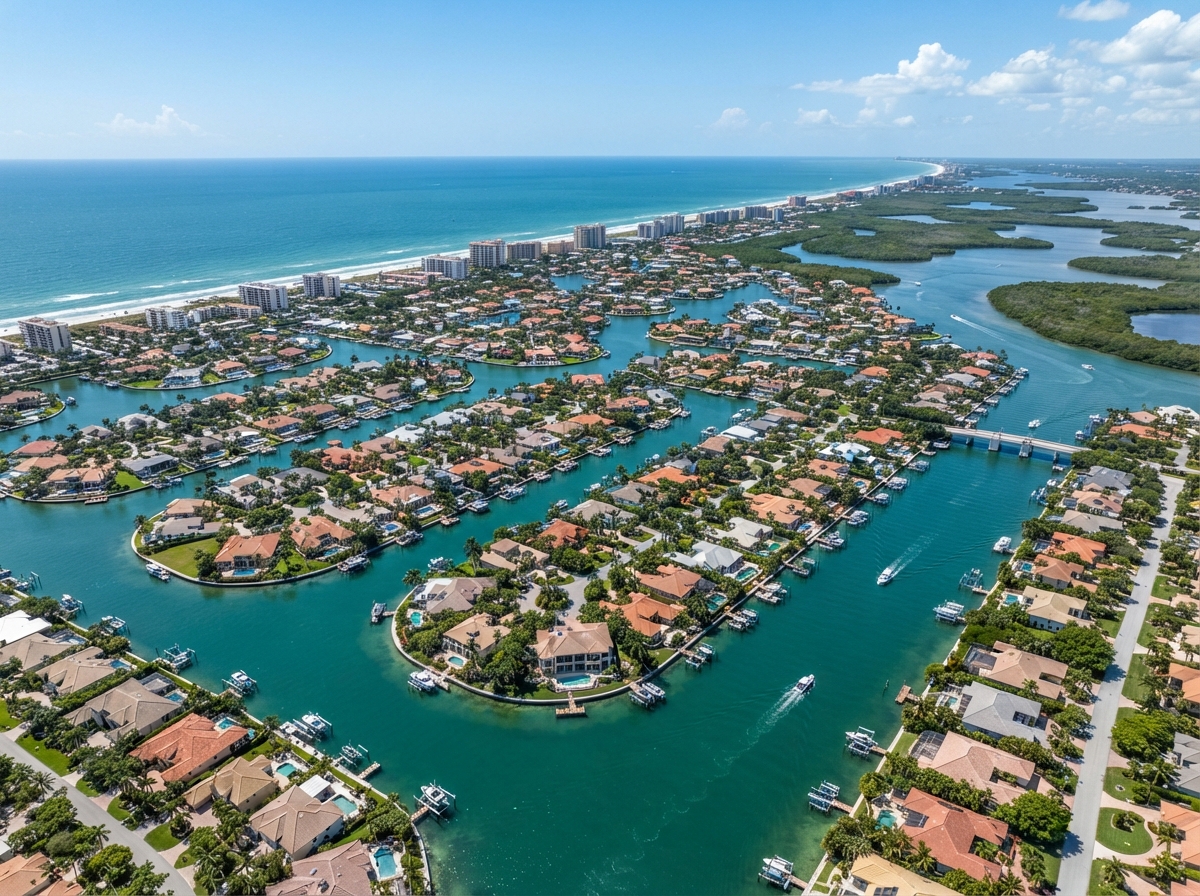Aerial view of Marco Island Florida waterfront homes and canals with the Gulf of Mexico
