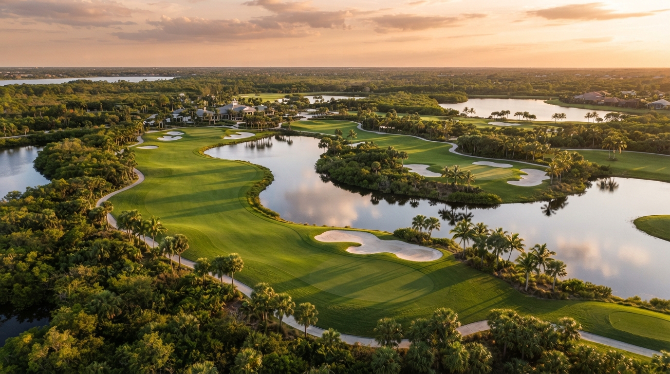 Aerial view of a pristine Southwest Florida golf course with fairways, water hazards and palm trees at golden hour